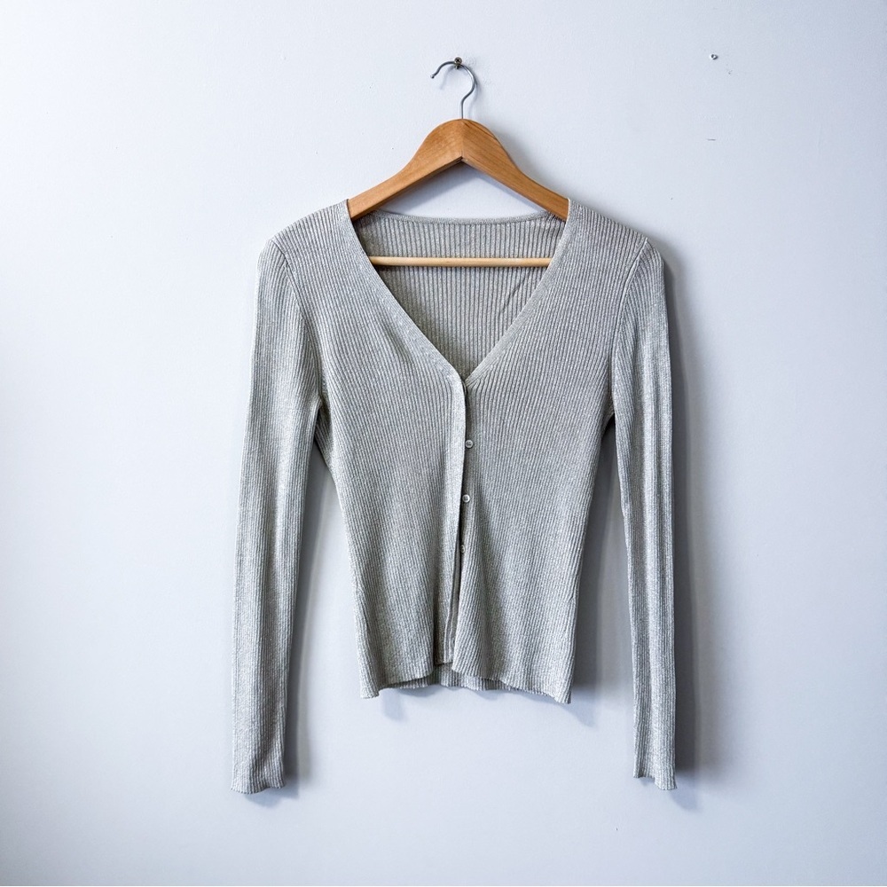 Silver Metallic Women's bodycon v-neck Cardigan buttoned sz S